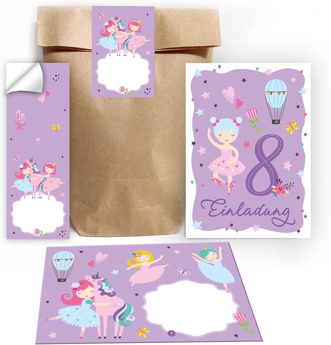 Uitnodigingskaarten 12 stuks - Ballerina - Inclusief enveloppen en stickers - Voor 8e verjaardag meisje - ShopVlot