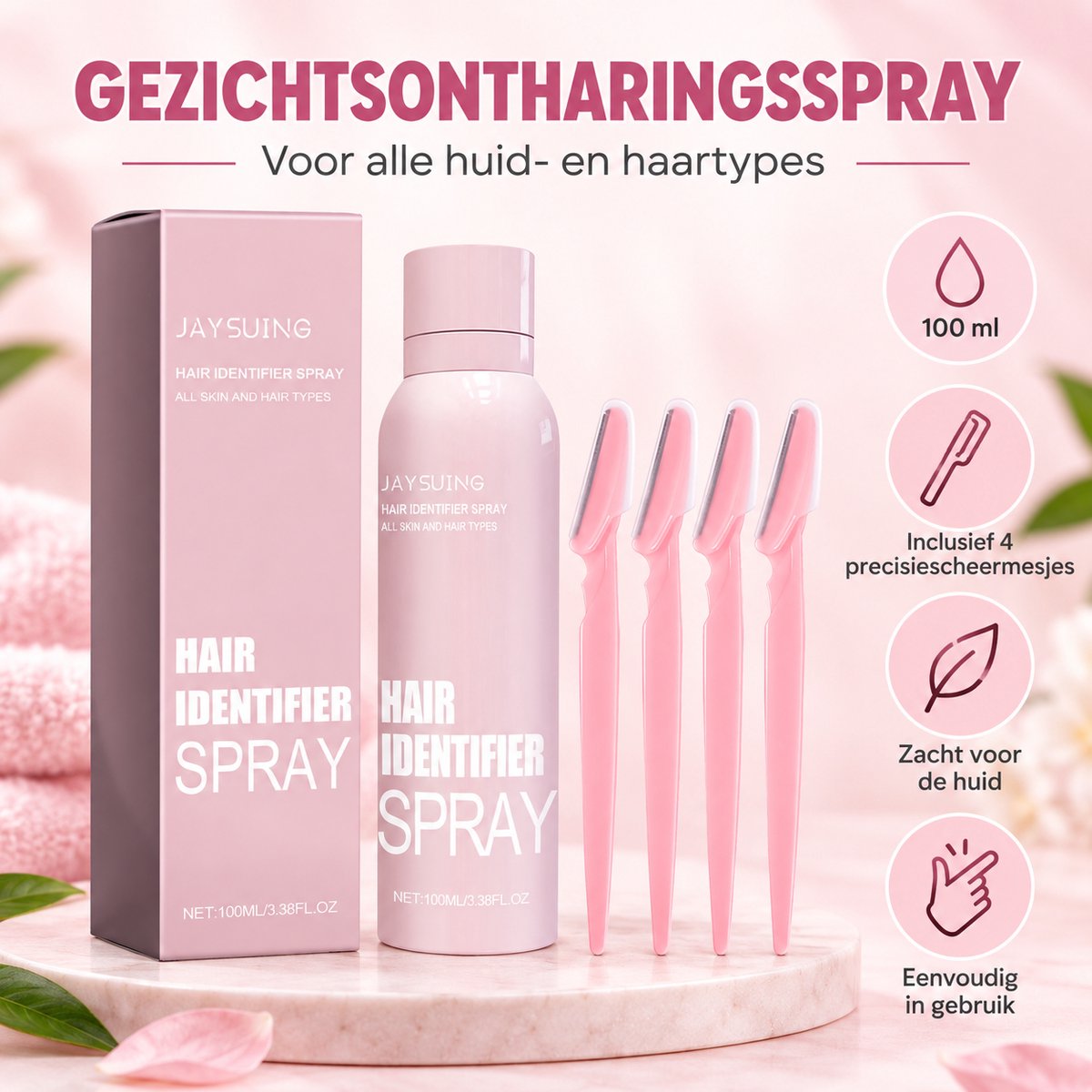 JAYSUING Gezichtsontharing Set voor Vrouwen – Hair Identifier Spray 100 ml + 4 Gezichtsscheermesjes – Voor Gezichtshaar, Peach Fuzz & Wenkbrauwen – Eenvoudige Dermaplaning Tool – Geschikt voor Verschillende Huidtypes