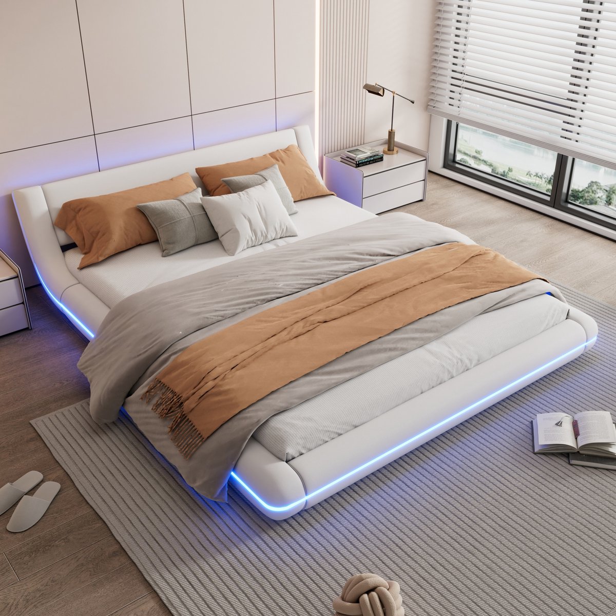 WUVRIE Tweepersoonsbed 160x200 cm met LED-verlichting, lattenbodem en PU-bekleding, wit