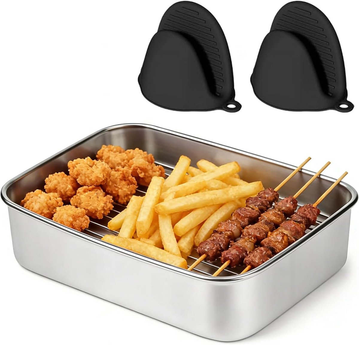 SnelShoppen - RVS Ovenplaat voor Airfryer, Roestvrijstalen Bakplaat met Frame en Handvatten, Vierkante Pan, Geschikt voor Bakken, Grillen en Ovenroost