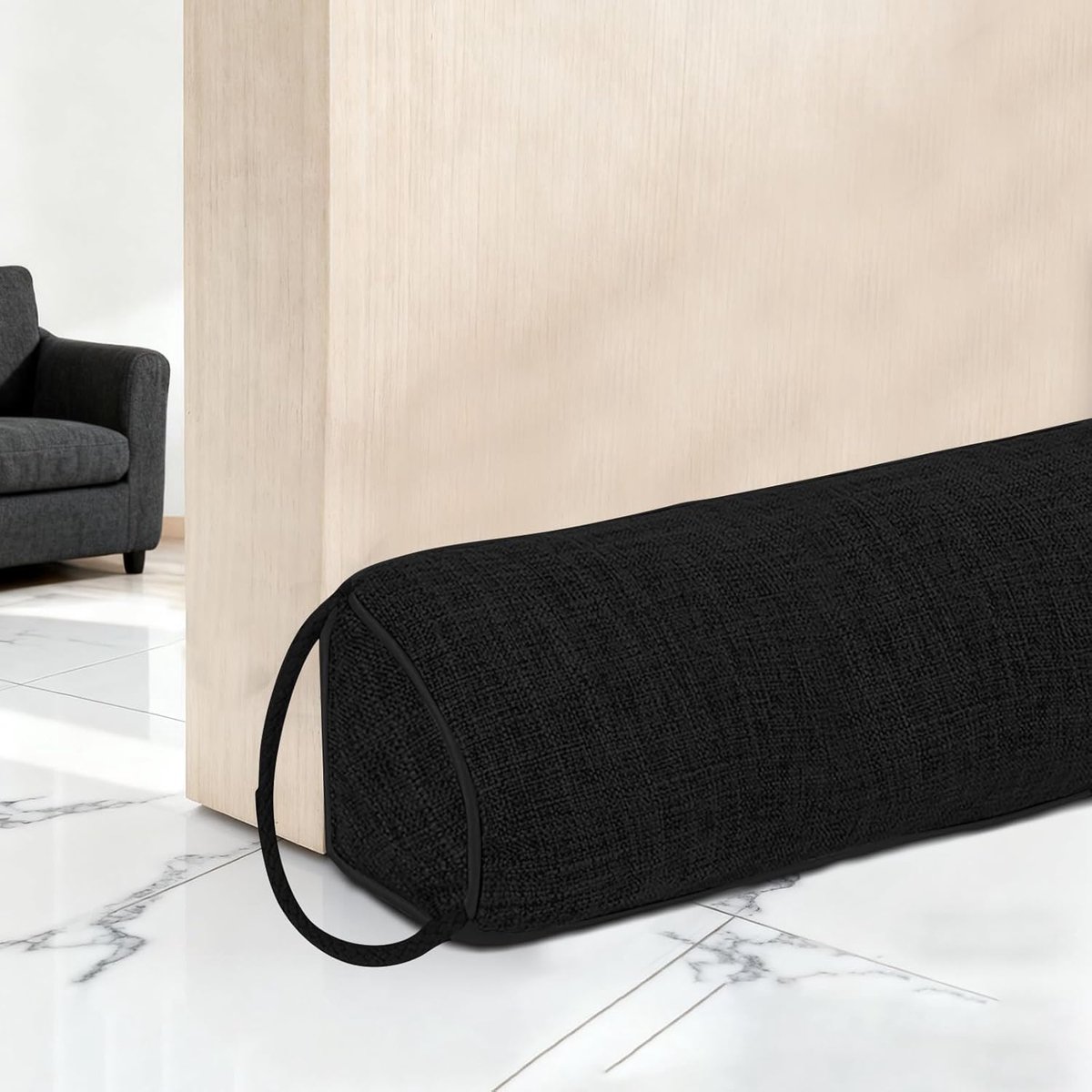 SnelShoppen - Draught Excluder voor Deuren 82 cm, Zware Windstopper voor Geluidsisolatie, Zwart, Ideaal voor Deuren en Ramen, Met Hanglussen