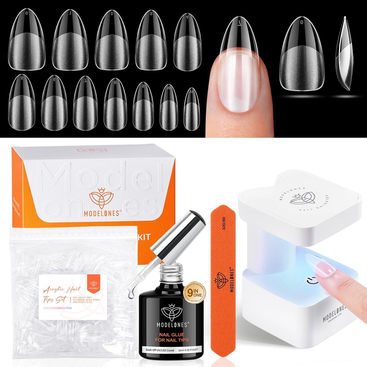 SnelShoppen - Nail Tips en Lijm Gel Kit - Medium Almond Vorm - 216 Stuks - 12 Maten - UV Lamp Inclusief - Perfect voor DIY Nagelextensions en Thuis Sa