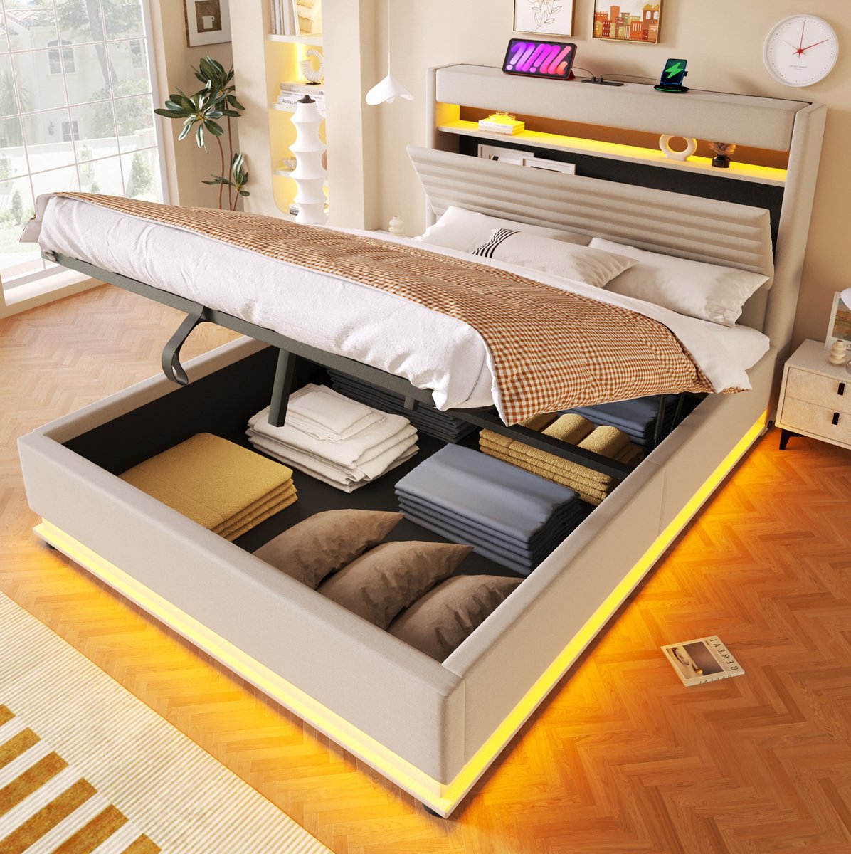 WUVRIE Gestoffeerd opbergbed 140x200 cm met LED, USB-C en hydraulische opbergruimte, beige