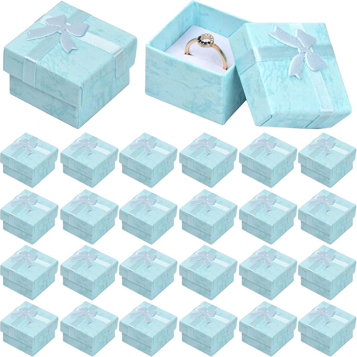 SnelShoppen - 24 Stuks Papieren Sieraden Geschenkdozen, Kleine Ringboxen met Strikknoop, Blauwe Vierkante Display Dozen voor Kettingen, Oorbellen, Rin