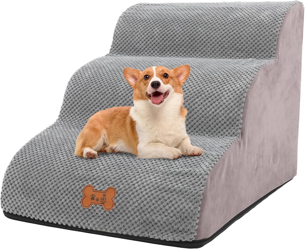 SnelShoppen - Honden Trap voor Kleine Honden, 3 Treden, Dieren Trap voor Bed en Bank, Hoogwaardige Schuim, Verwijderbare Wasbare Hoes, Antislip Bodem,