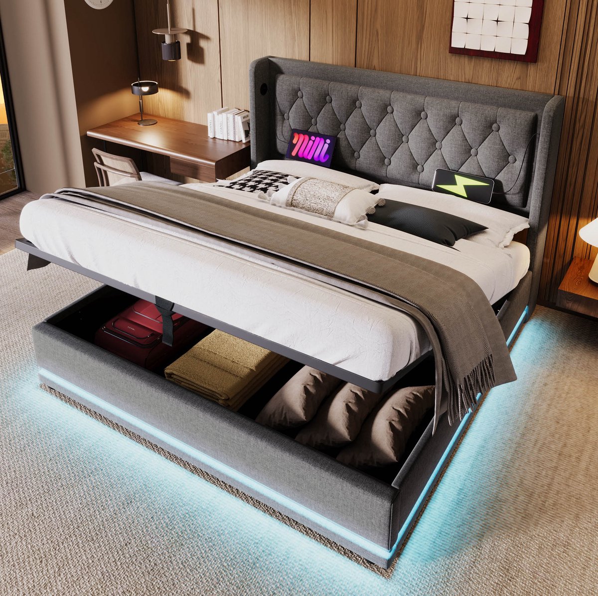 WUVRIE Tweepersoonsbed 180x200 cm met hydraulische opbergruimte, USB-C, LED en stoffen bekleding, grijs