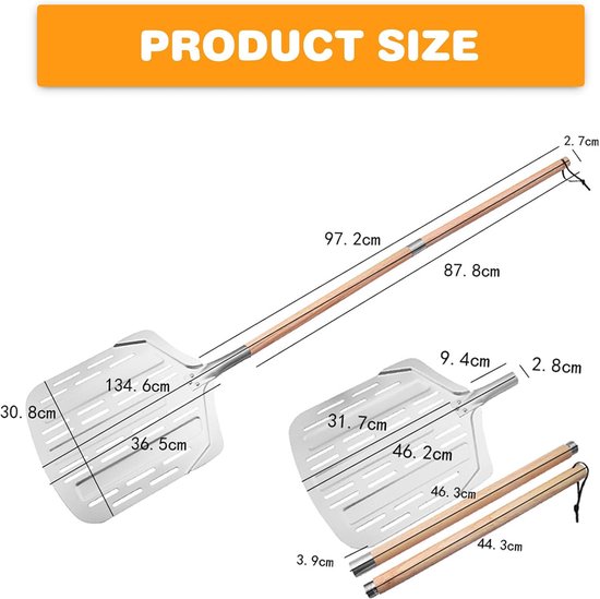 135 cm, duurzame afwerking, geperforeerde pizzaschuiver, pizzaschuiver voor pizzasteen, keuken en bakken, aluminium pizzaschep met 2 afneembare handgrepen — afbeelding 2