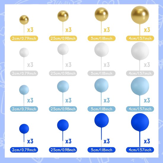 48 stuks taartdecoratie ballen Cake taart ballen decoraties ballon cupcake taartversiering voor verjaardag feest bruiloft babyparty taartdecoratie (Koningsblauw, Lichtblauw, Wit, Goud) — afbeelding 2