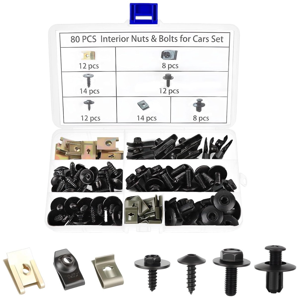 Clipset, autoplaatmoeren, schroefmoeren, clipkit, U-type autobevestiging, clips, auto, carrosserieschroeven, ondertray, plaatschroeven, bevestigingsclips kit (zwart)
