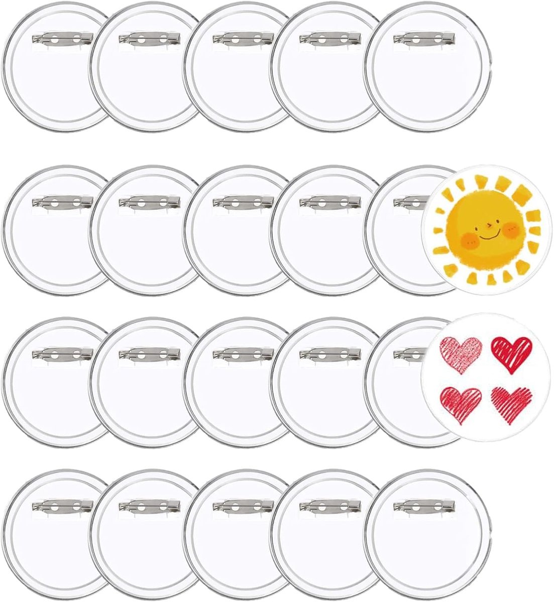 Broches voor kinderen, 20 stuks, gepersonaliseerde broches voor kinderen, doe-het-zelf, transparant, kunststof, pinnen in badge-stijl, 44 mm, badge om zelf te maken