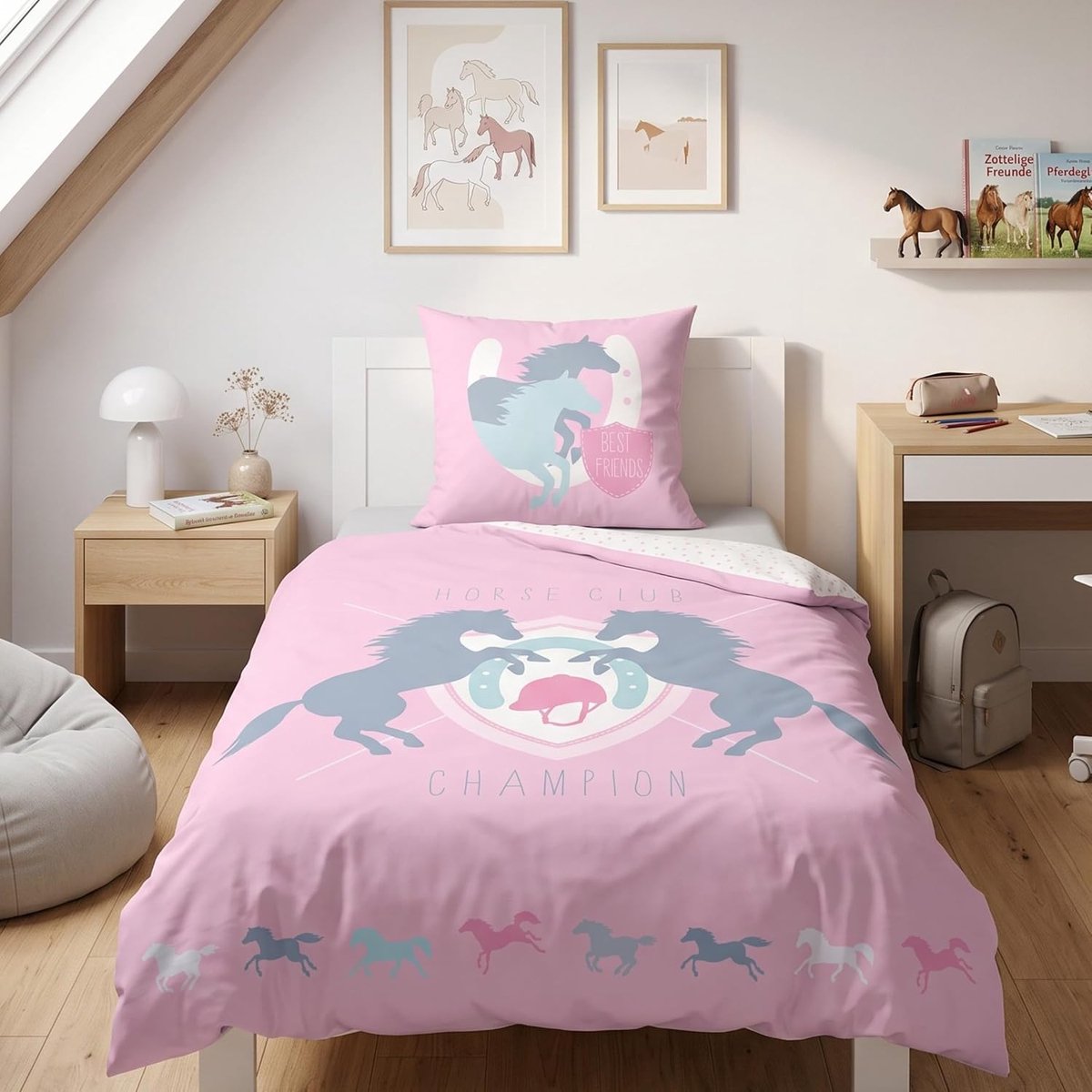 Beddengoed voor meisjes, 135 x 200 cm, dekbedovertrek 135 x 200 cm en kussensloop 80 x 80 cm, paardenmotief, 100% katoen