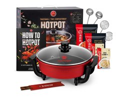 De Hotpotshop Starter Pack – Luxe Elektrische Tweevaks Hotpot Set – Incl. "How To Hotpot" Handboek, 2x Soepbasis, 2x Dipsaus, 2x Zeefnetjes, Lepelset & Chopsticks – Complete Chinese Fondue Cadeaubox