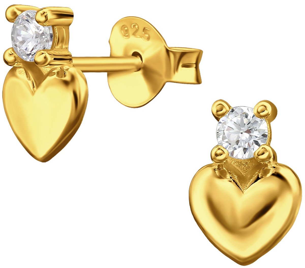 Joy|S - Zilveren hartje oorbellen - hartje met zirkonia - 5 x 8 mm - gold plated - sterling zilver 925 - dames oorknopjes