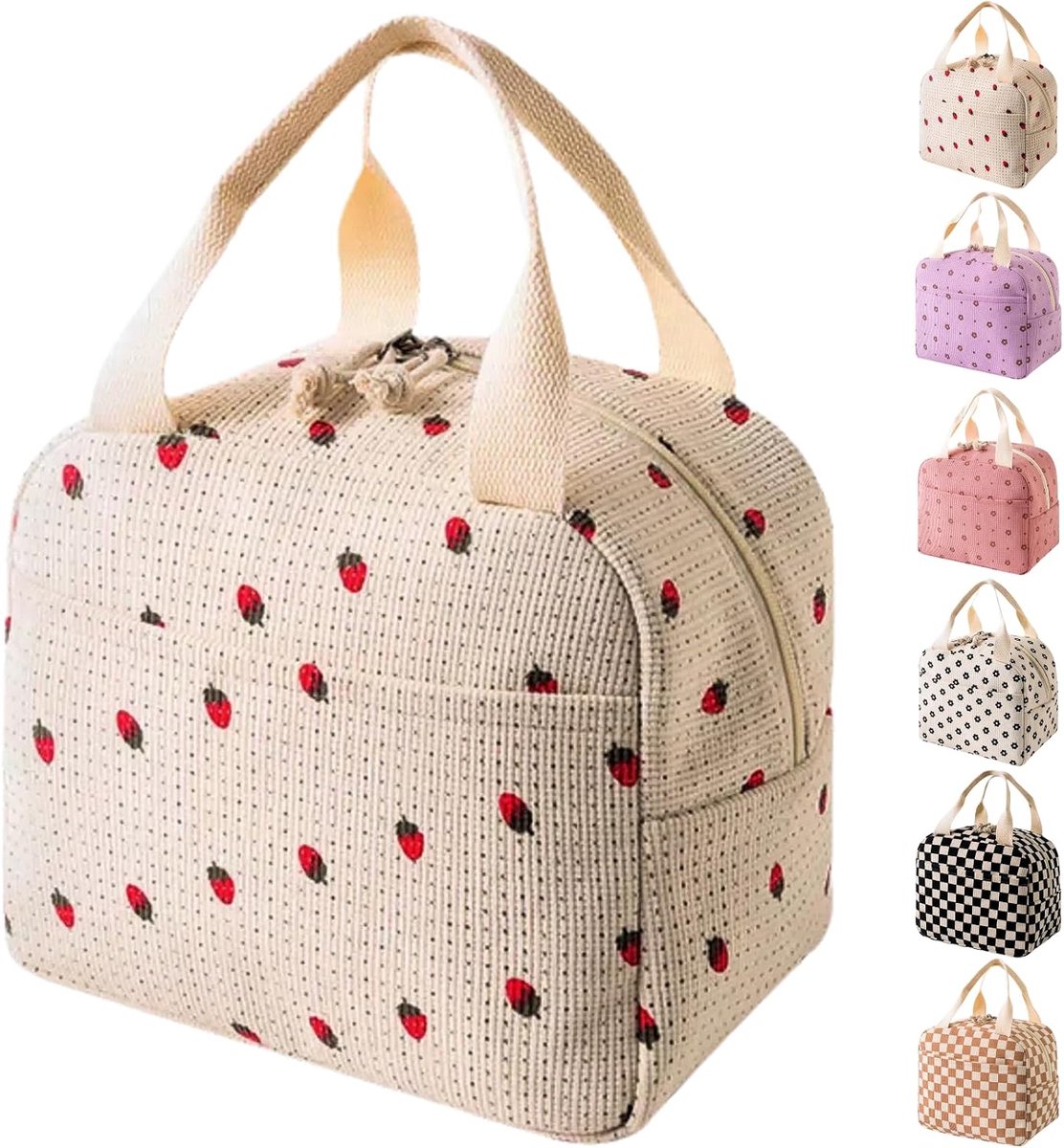 Herbruikbare lunchtassen voor dames - grote geïsoleerde lunchbox lichtgewicht draagtas voor werk, reizen, strand en dagelijks gebruik, aardbei - beige