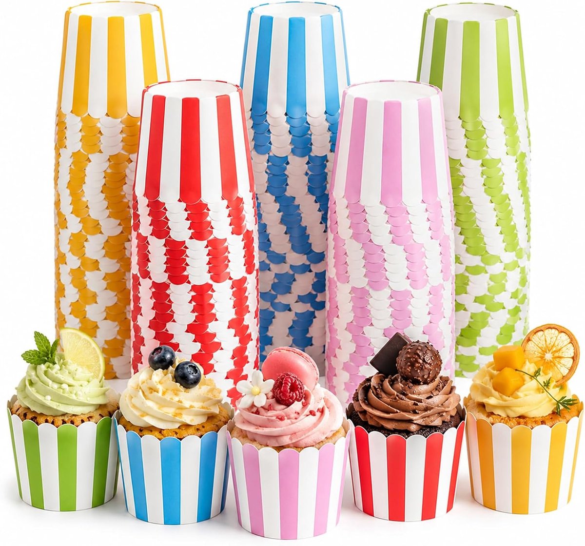 160 stuks muffinvormpjes, cupcakevormen, gestreepte muffinvormpjes, papier, muffin, papieren vormpjes voor ijsbeker, snoepbar, bakken van taarten, muffins, brood voor verjaardagen, bruiloften, feesten