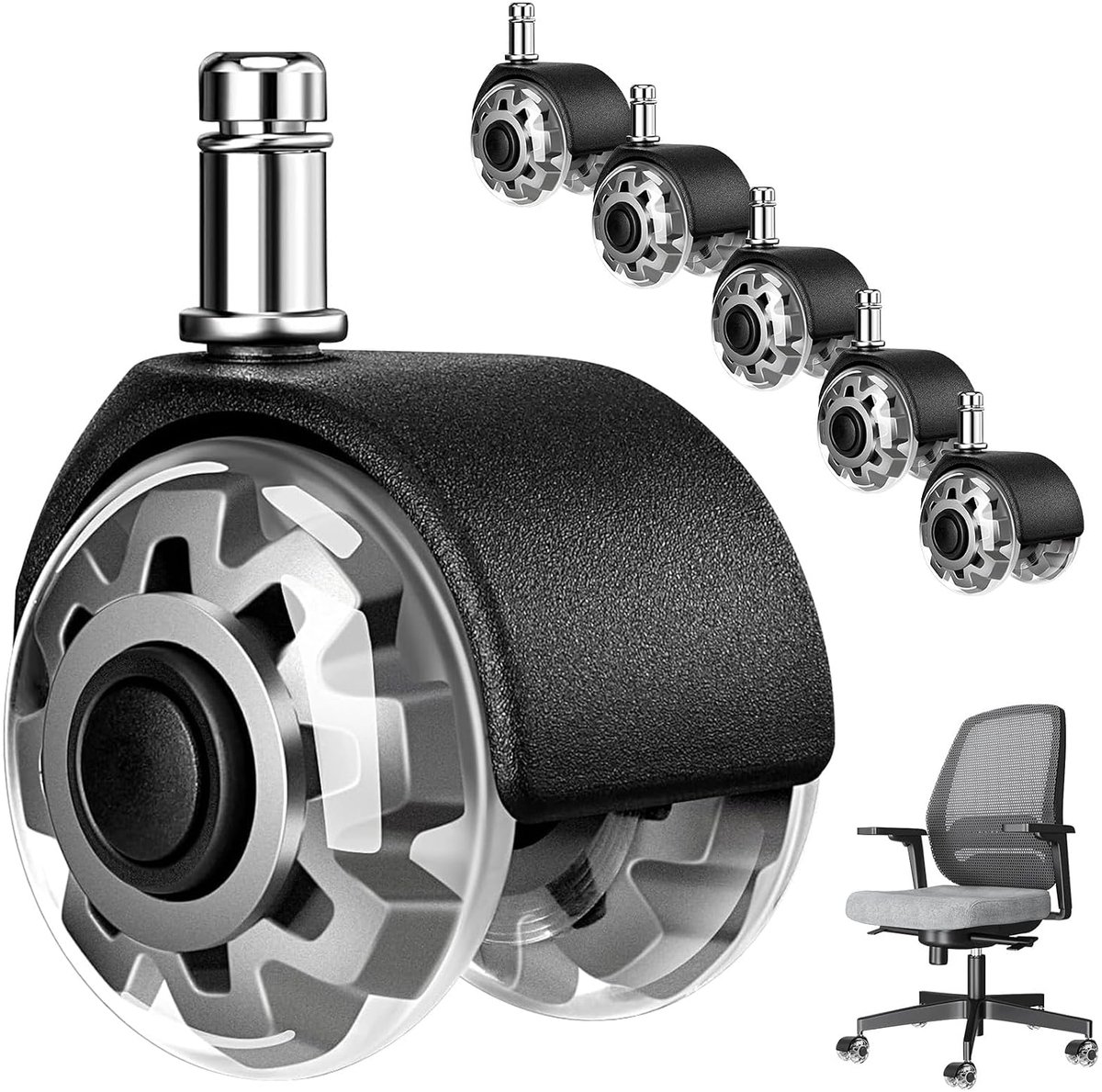 5 x bureaustoelwielen, 11 mm x 22 mm grote wielen voor bureaustoelen, 360° draaibare bureaustoelrubberen wielen, stil, voor harde vloeren, parket, tapijt, zilver