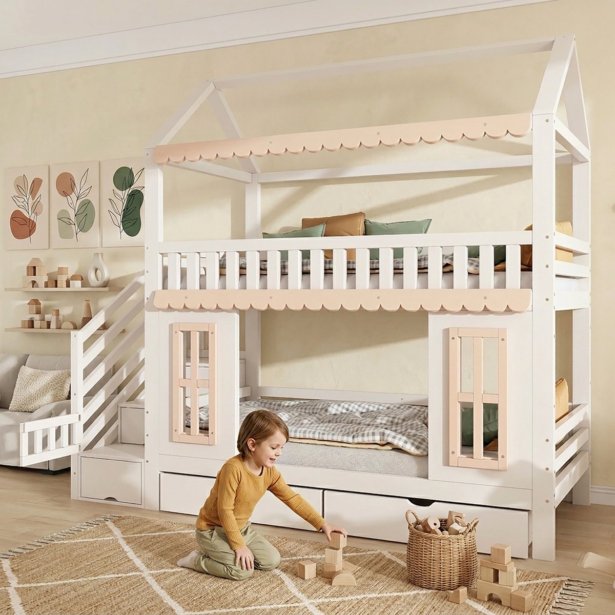 Merax Kinderbed 90x200 cm - huisvormig - met opbergladder - 2 lades - sierlijke houten ramen en sierlijsten - wit en houtkleur - zonder matras