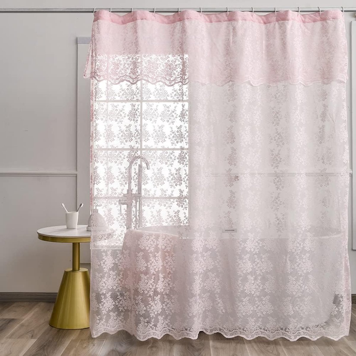 Roze kanten vintage douchegordijn met volant, bloemenkant gordijn voor badkamer, boerderijstijl shabby chic douchegordijn geschulpte rand, 182 x 183 cm, 1 paneel