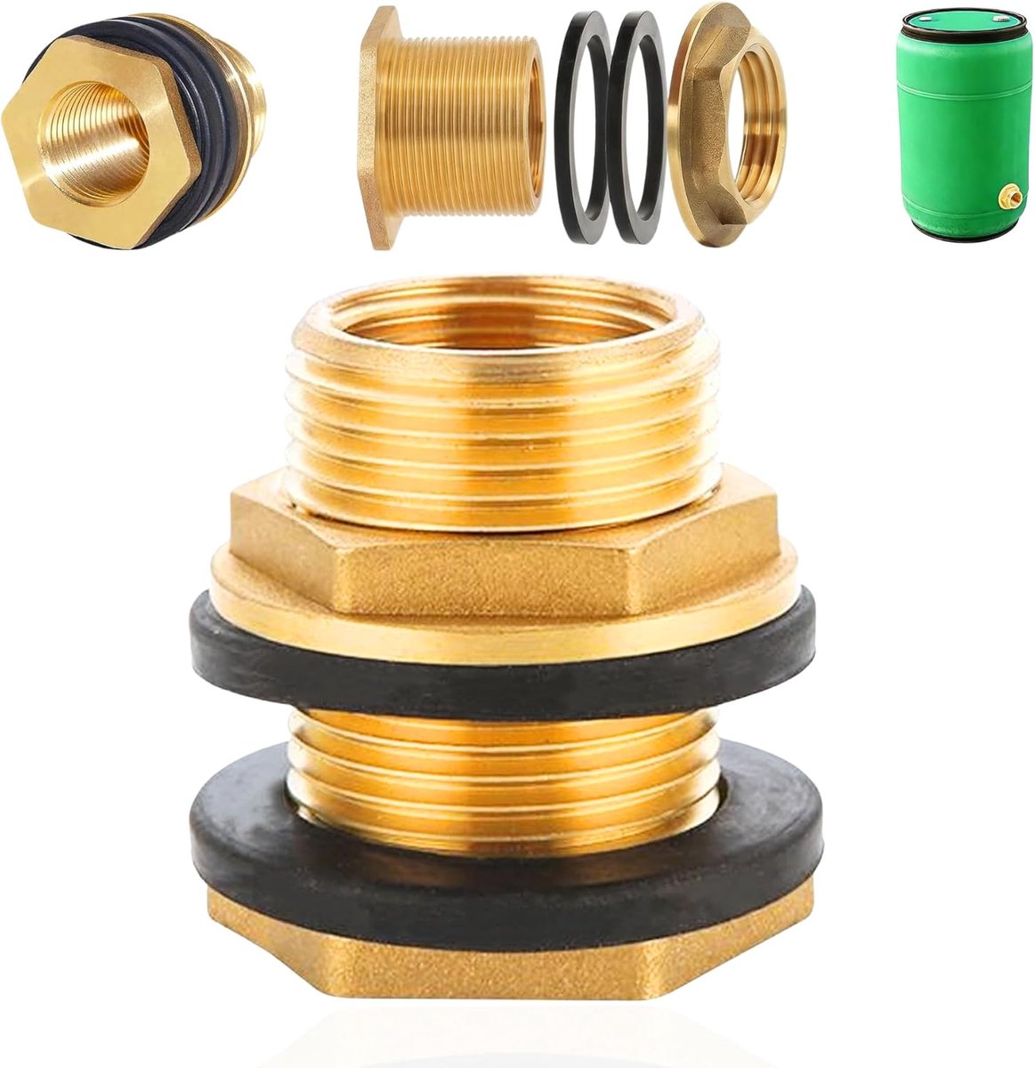 Regentondoorvoer van messing binnendraad G3/4 inch(diameter 24 mm) x buitendraad G1 inch(diameter 32,5 mm) incl. afdichting, schroefverbinding voor container, tank, vat met 2 rubberen afdichtingen