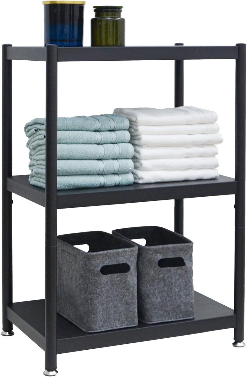 Design Metalen Rek Zwart - 61x41x90 Staand Schap - 3 Niveaus Zwaar Belast Opbergrek - Modern Woonkamer Legplank Keukenrek Badkamerrek Boekenplank Ruimteverdeler Opbergmeubel Metaal