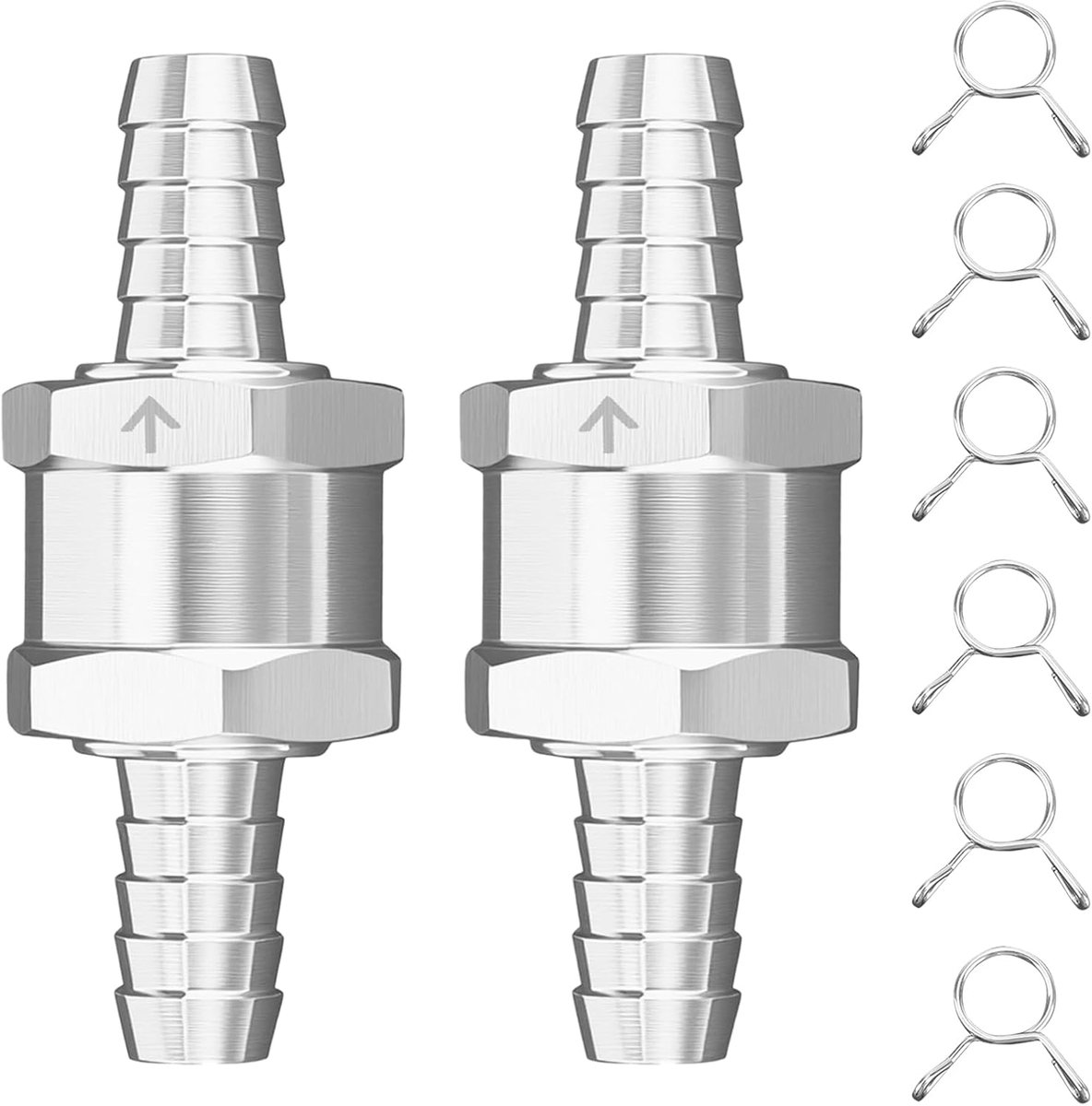 2 STUKS 10 mm (1/4") Eenrichtingsbrandstofterugslagklep met 6 klemmen, aluminiumlegering eenrichtingsterugslagklep voor benzine, diesel, gas, lucht, water, universeel voor auto, marine, carburateur