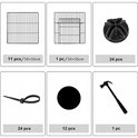 Overzicht van onderdelen: metalen panelen, verbindingsstukken, tie-wraps, antislip-pads en een hamer.