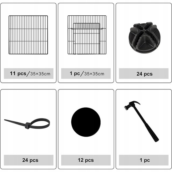 Overzicht van onderdelen: metalen panelen, verbindingsstukken, tie-wraps, antislip-pads en een hamer.