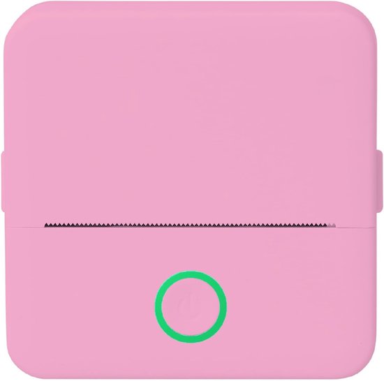 Roze miniprinter met een aan/uit-knop met groene verlichting.