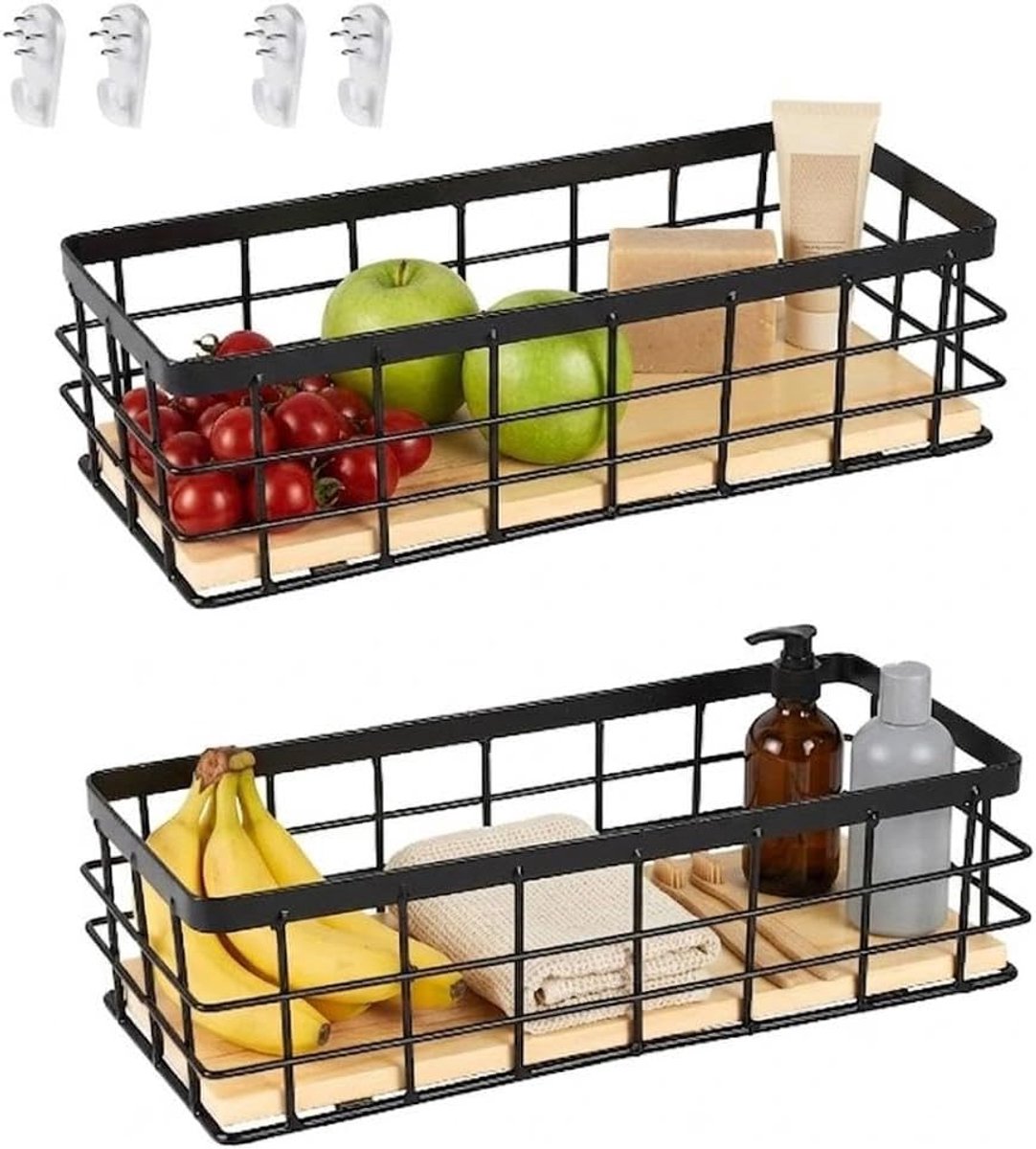 Metalen mand, zwart, decoratieve manden, huishouden, wandmand, metaal, badkamer, opbergmand, metaal, houten sokkel voor fruit, snacks, keuken, eetkamer (2 stuks)