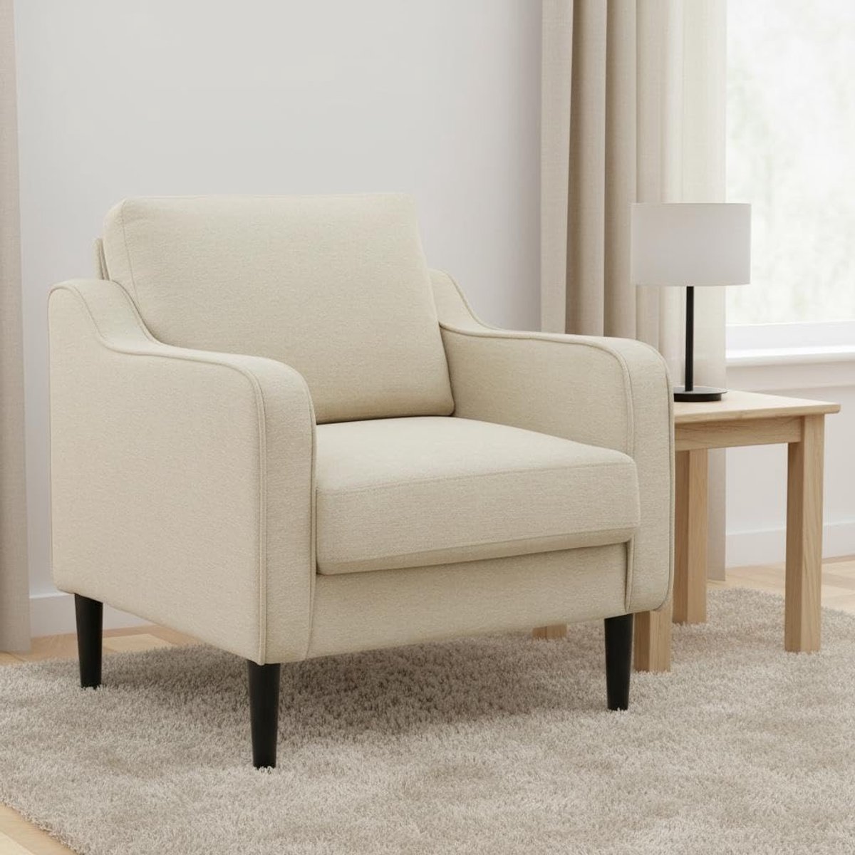 Danky Mid-Century Fauteuil Groen - Ergonomische 115° Zithoek - Pocketvering Zitkussen - Zachte Chenille Stof Beige