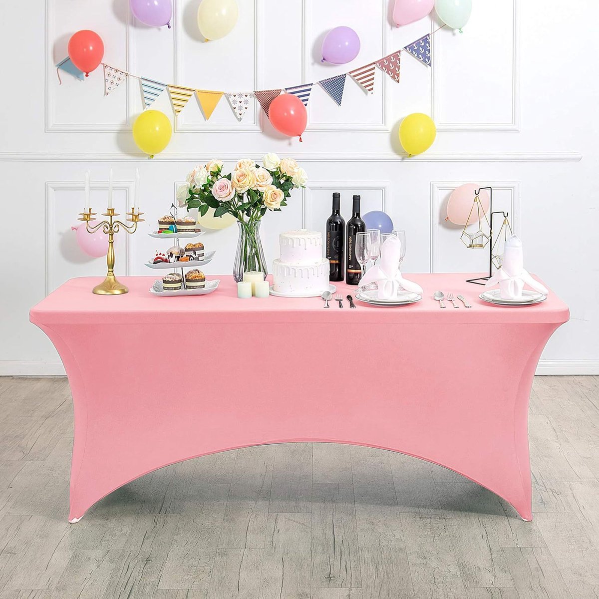 Rechthoekig, rekbaar en vlekbestendig tafelkleed, waterdicht, wasbaar en rekbaar, geschikt voor het decoreren van terrassen, keukens, bruiloften, verjaardagen, feesten, picknicks en andere gelegenheden,Roze rood - 183 x 76 x 76 cm (6 voet)