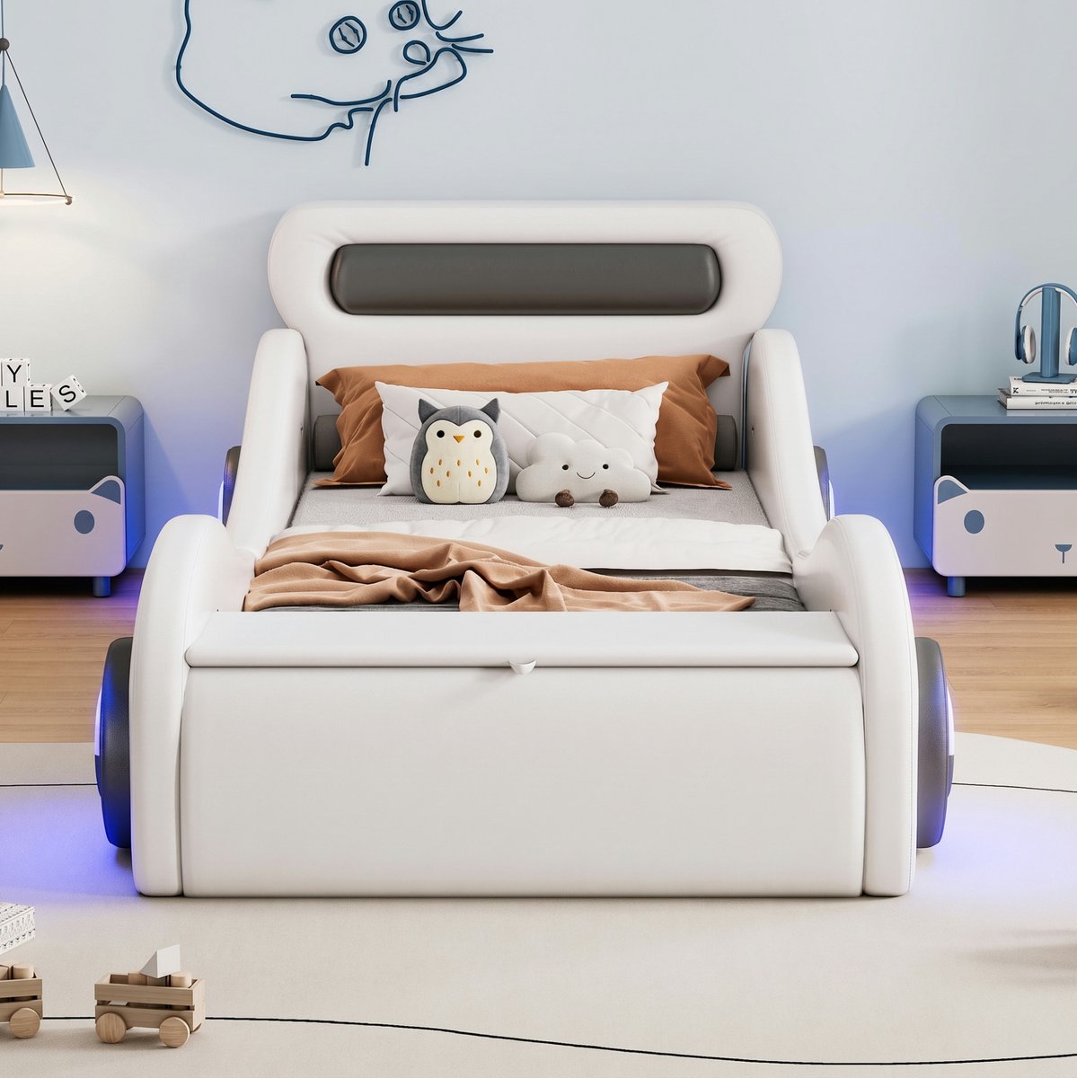 MODENUIT Kinderbed – Autovorm Met Verlichte Wielen – 90 X 200 Cm – Kunstleer En MDF – Wit – Met Opbergruimte