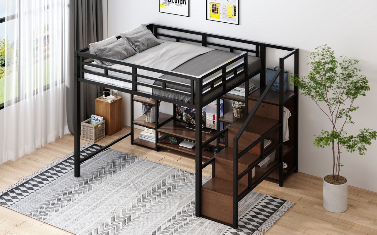 MODENUIT Hoogslaper – 140 x 200 cm Met Televisiehouder – Metaal En MDF – Zwart – Met Stopcontact