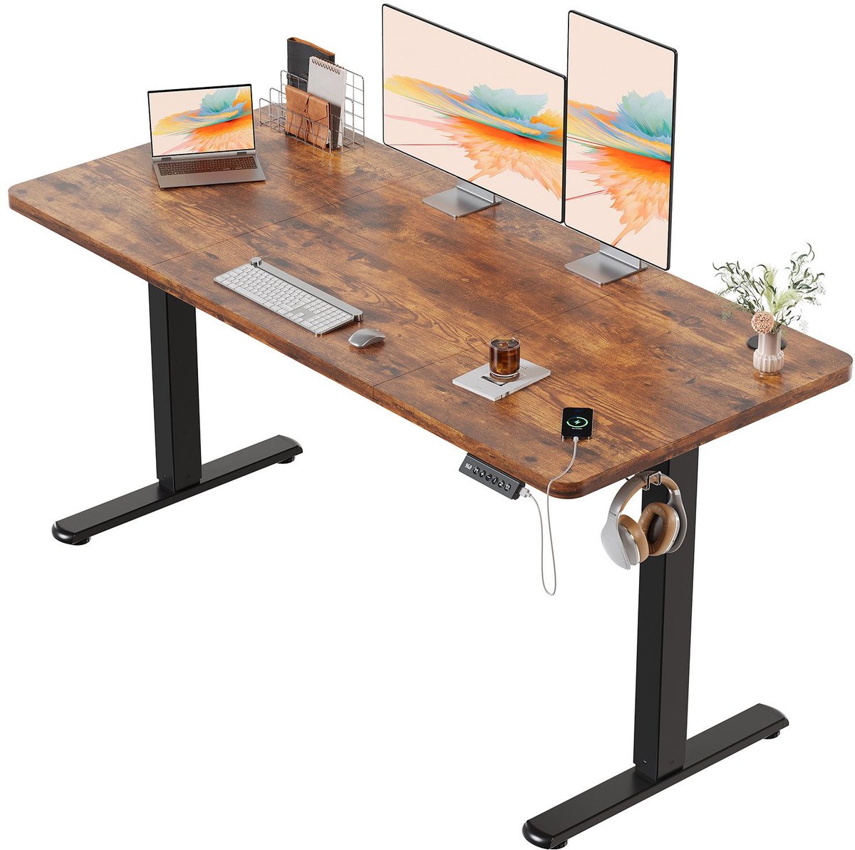 Devoko Elektrisch Verstelbaar Zit-Sta Bureau 140x60 cm Breed – Hoogte 73–118 cm – 2 Geheugenstanden, Zit-Herinnering, LED-Display en USB – Draagvermogen 70 kg – Vintagebruin