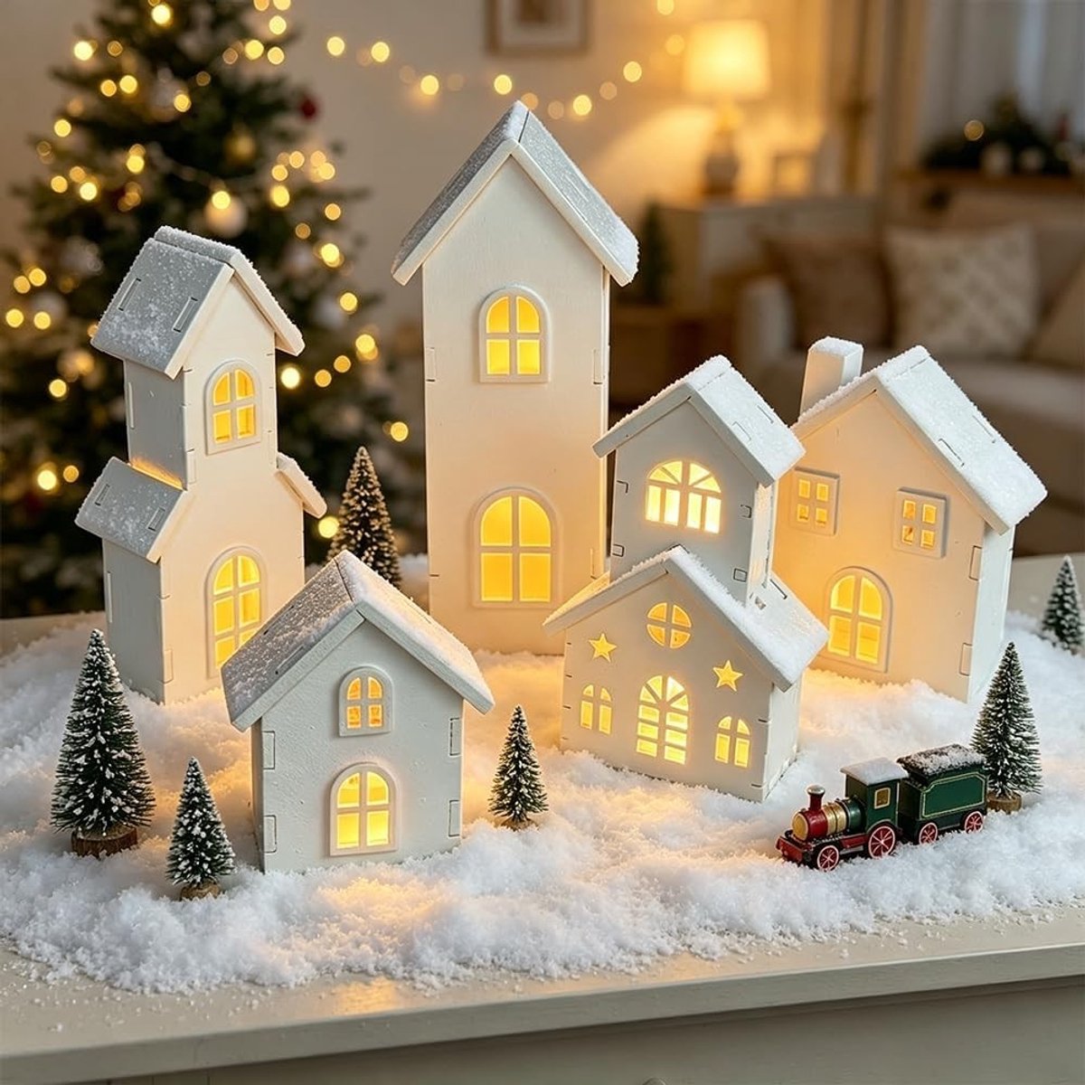 Verlichte Kerstdorp Set - Wit - 5 Stuks - Houten Kersthuizen met LED Licht - Voor Binnen – foto 2