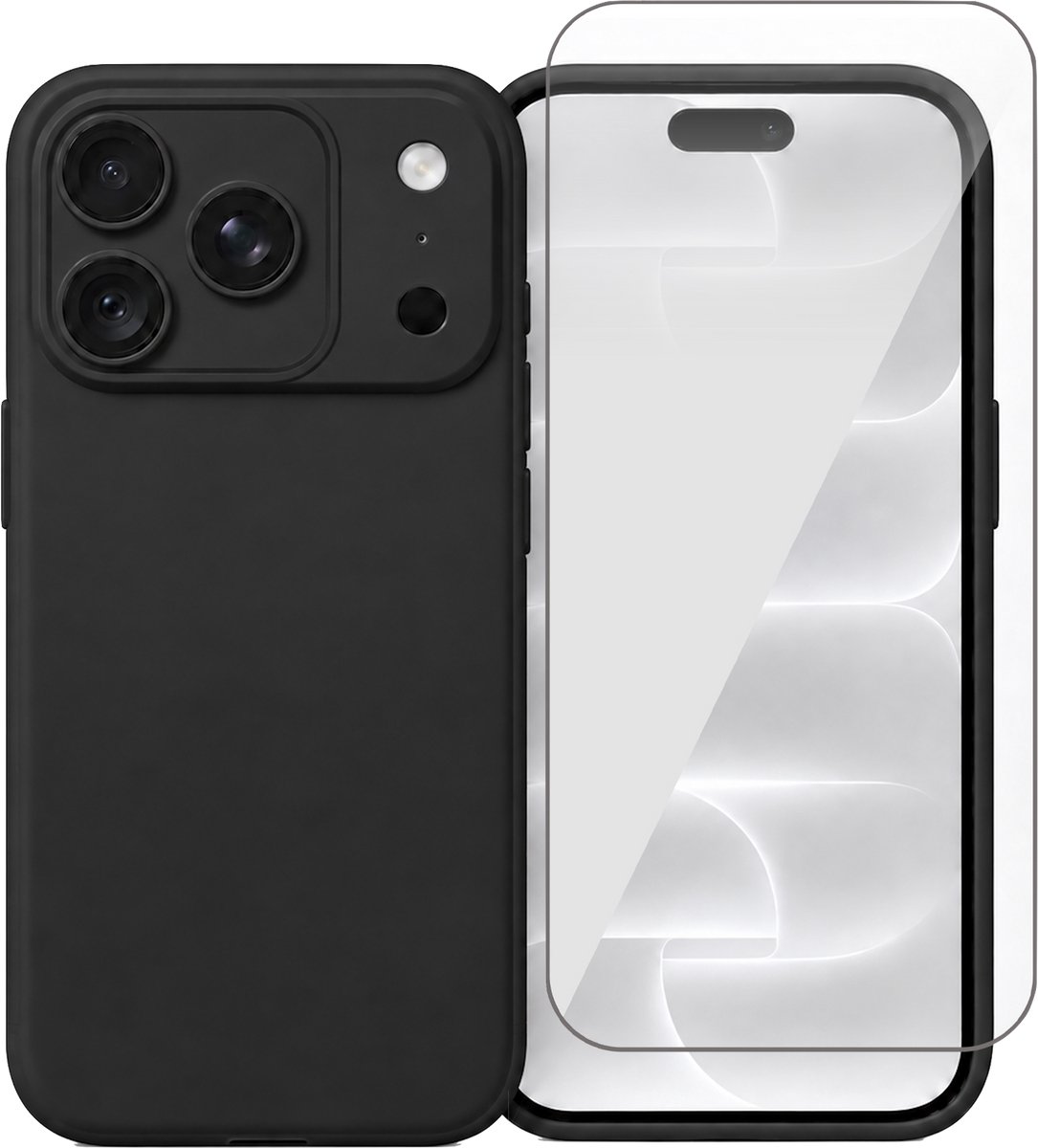 Hoesje geschikt voor iPhone 18 Pro / 17 Pro – MatteShield Back Cover – Zwart – Met Screenprotector Glas