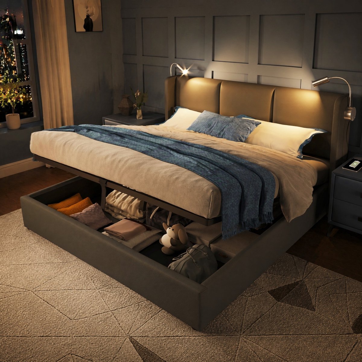 WUVRIE Tweepersoonsbed 140x200 cm met opbergruimte, leeslamp, USB-laadfunctie en lattenbodem, grijs