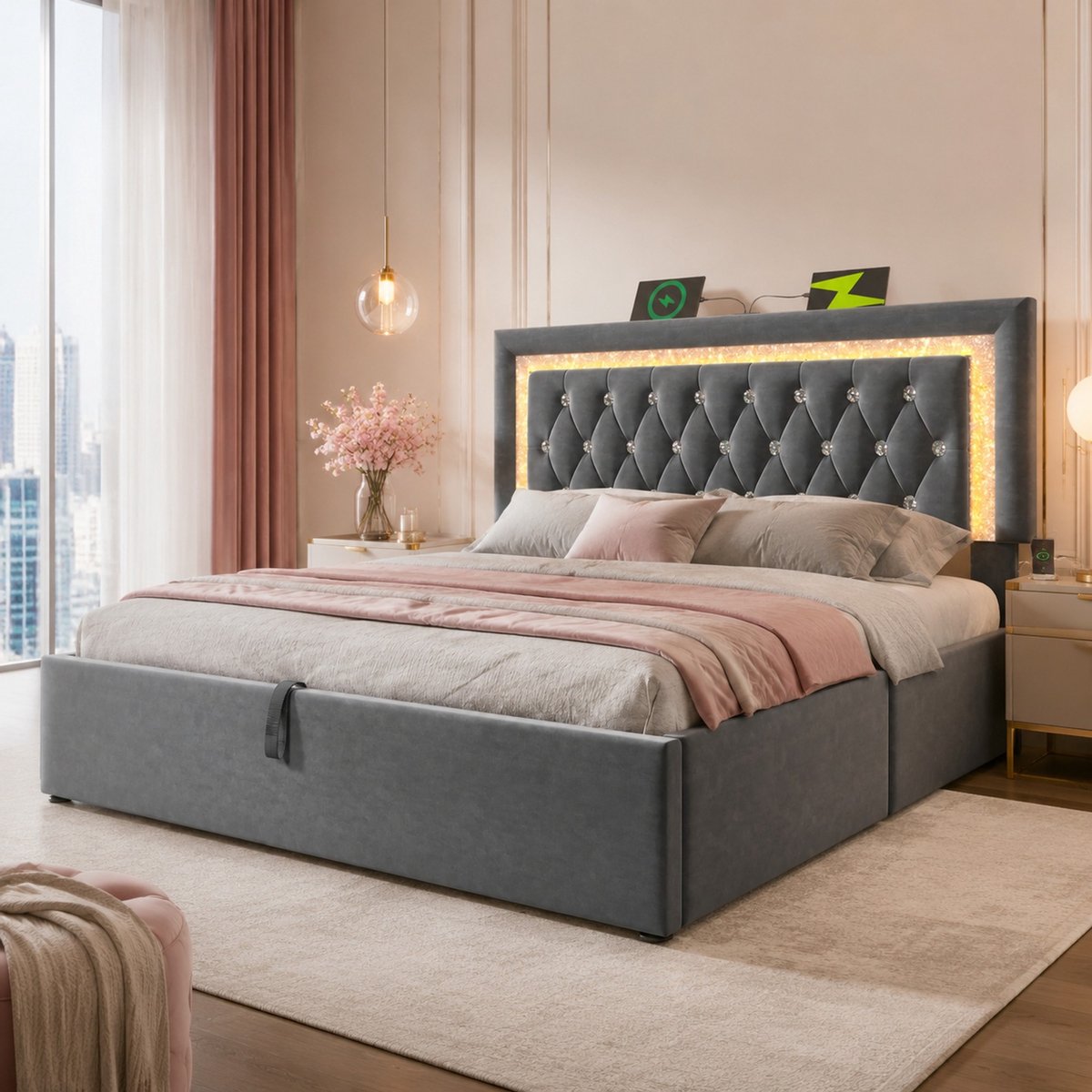 WUVRIE Gestoffeerd bed 160x200 cm met LED, USB en USB-C, opbergruimte en lattenbodem, grijs
