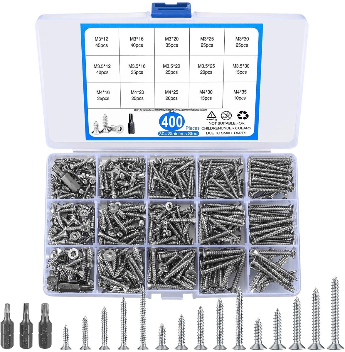 SnelShoppen - 400 Pcs Zelftappende Schroeven Assortiment, Torx Kop, RVS, Platkop, M3/M3.5/M4, Perfect voor Houtbewerking en Klussen