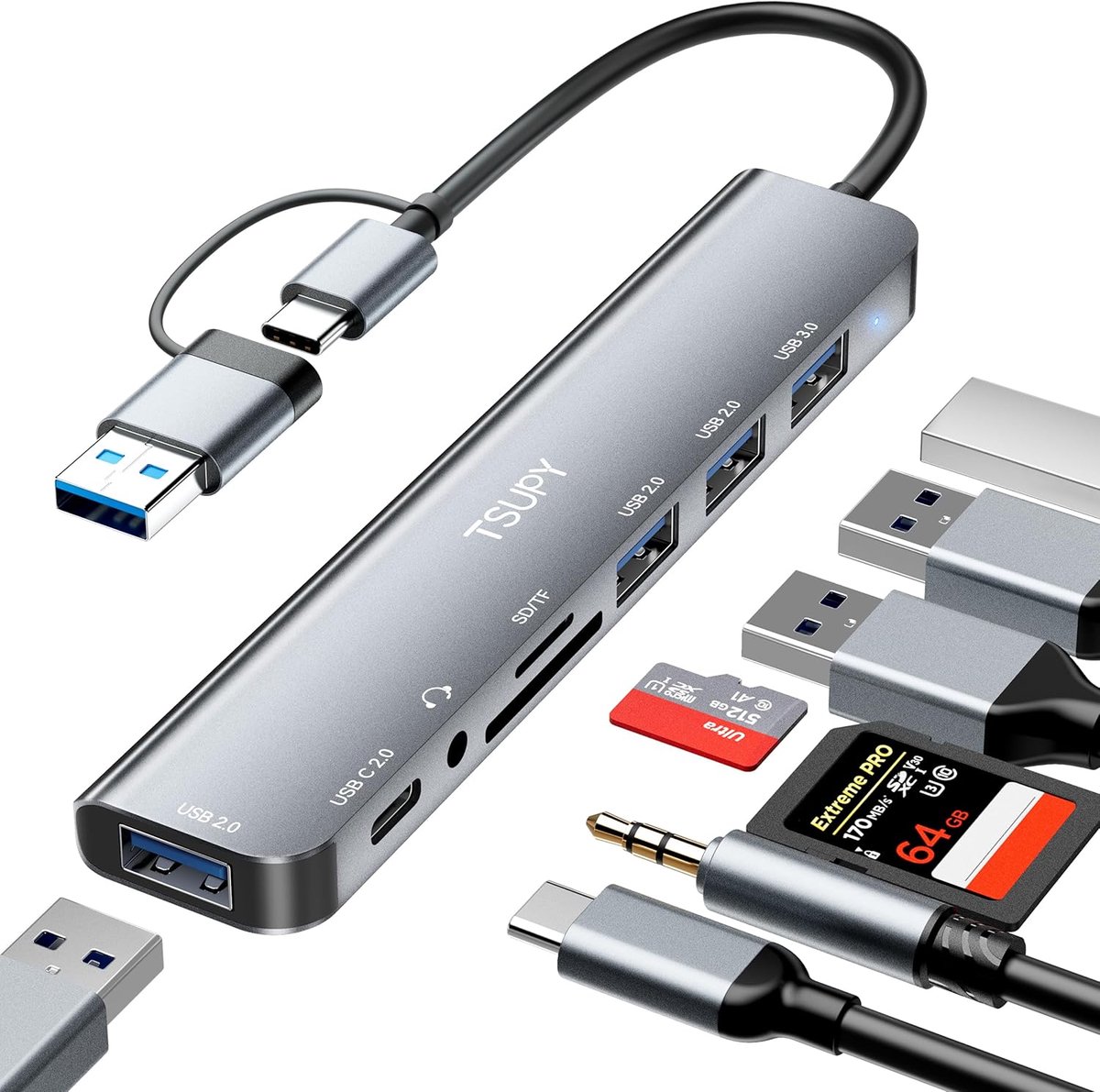 SnelShoppen - TSUPY 8 in 1 USB 3.0 HUB Multiport Adapter met 5Gbps Snelheid, USB-C, HDMI, Ethernet, SD/TF Kaartlezer, Voor Laptop, PC, Gaming, Thuis e