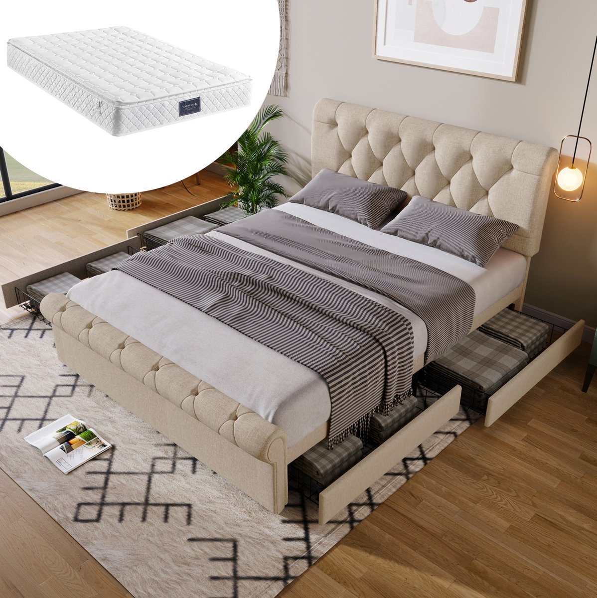 WUVRIE Tweepersoonsbed 140x200 cm met 4 lades, verstelbaar hoofdbord en matras, naturel