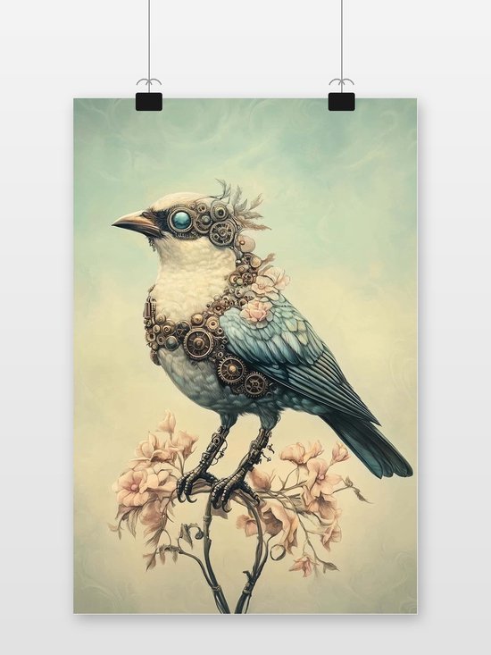 Steampunk vogel met tandwielen en bloemen op een tak, zachte achtergrond.