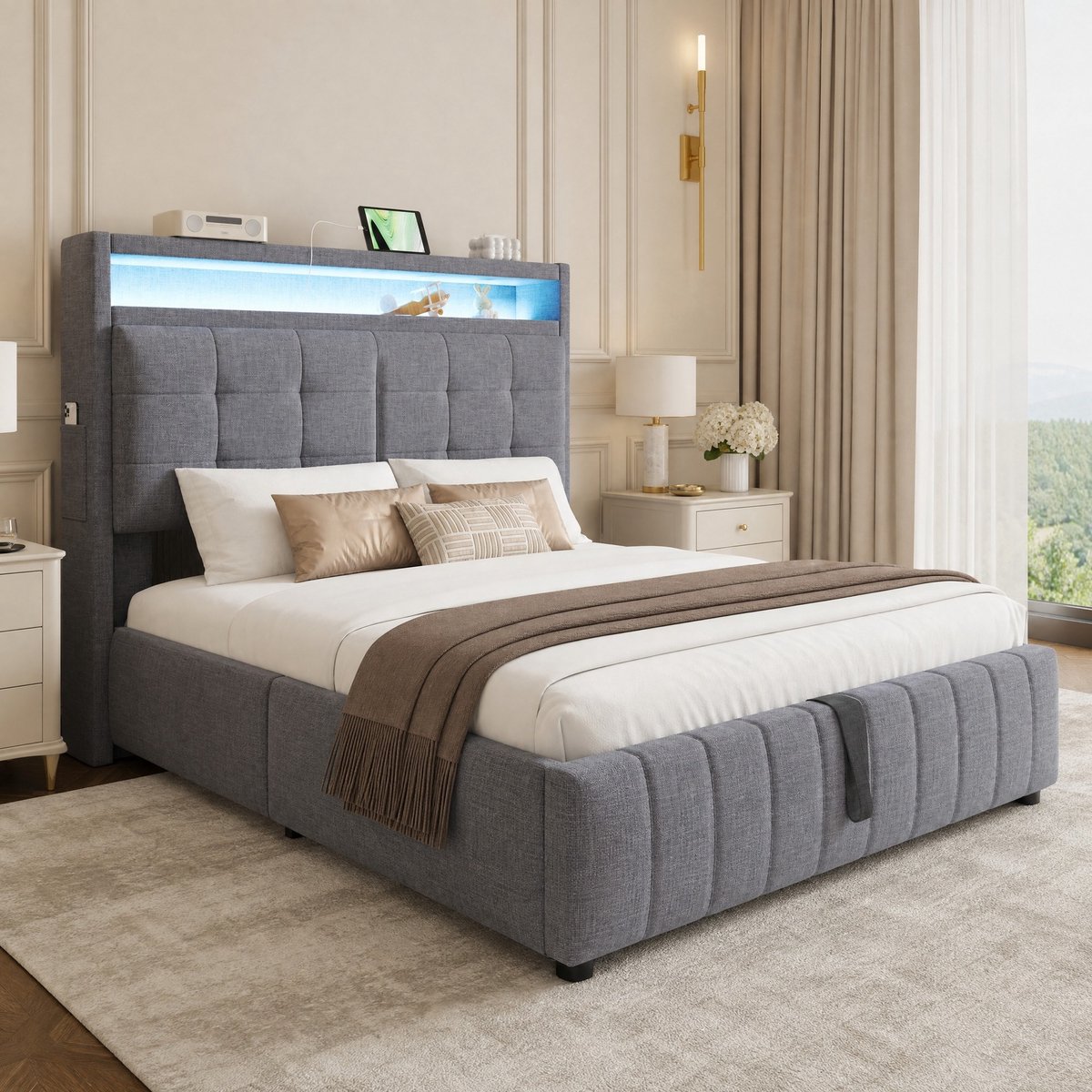 WUVRIE Gestoffeerd bed 140x200 cm met LED, USB, hydraulische opbergruimte en lattenbodem, grijs
