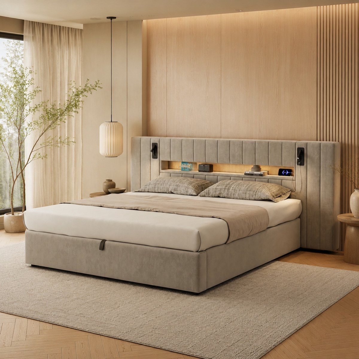 WUVRIE Gestoffeerd tweepersoonsbed 180x200 cm met opbergruimte, USB, LED en bedlampen, grijs
