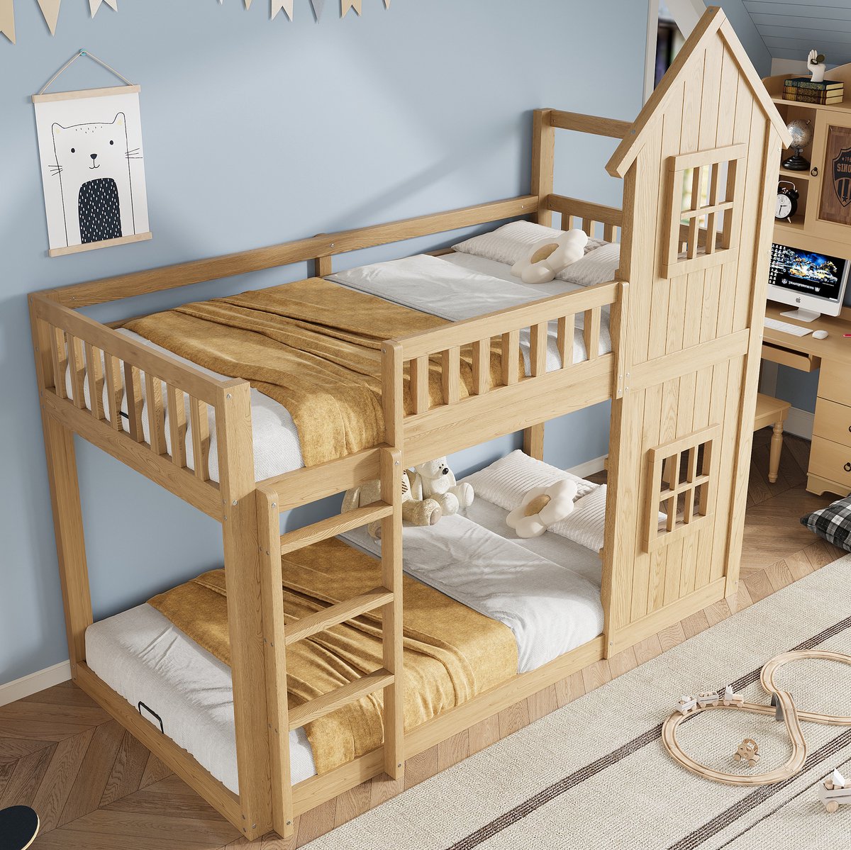 DESMIU Stapelbed 90x200 cm – Kinderbed Met Huisvorm, Ramen En Trap – Beschermhek Rondom – Hout En MDF – Zonder Matras – Natuurlijk Naturel