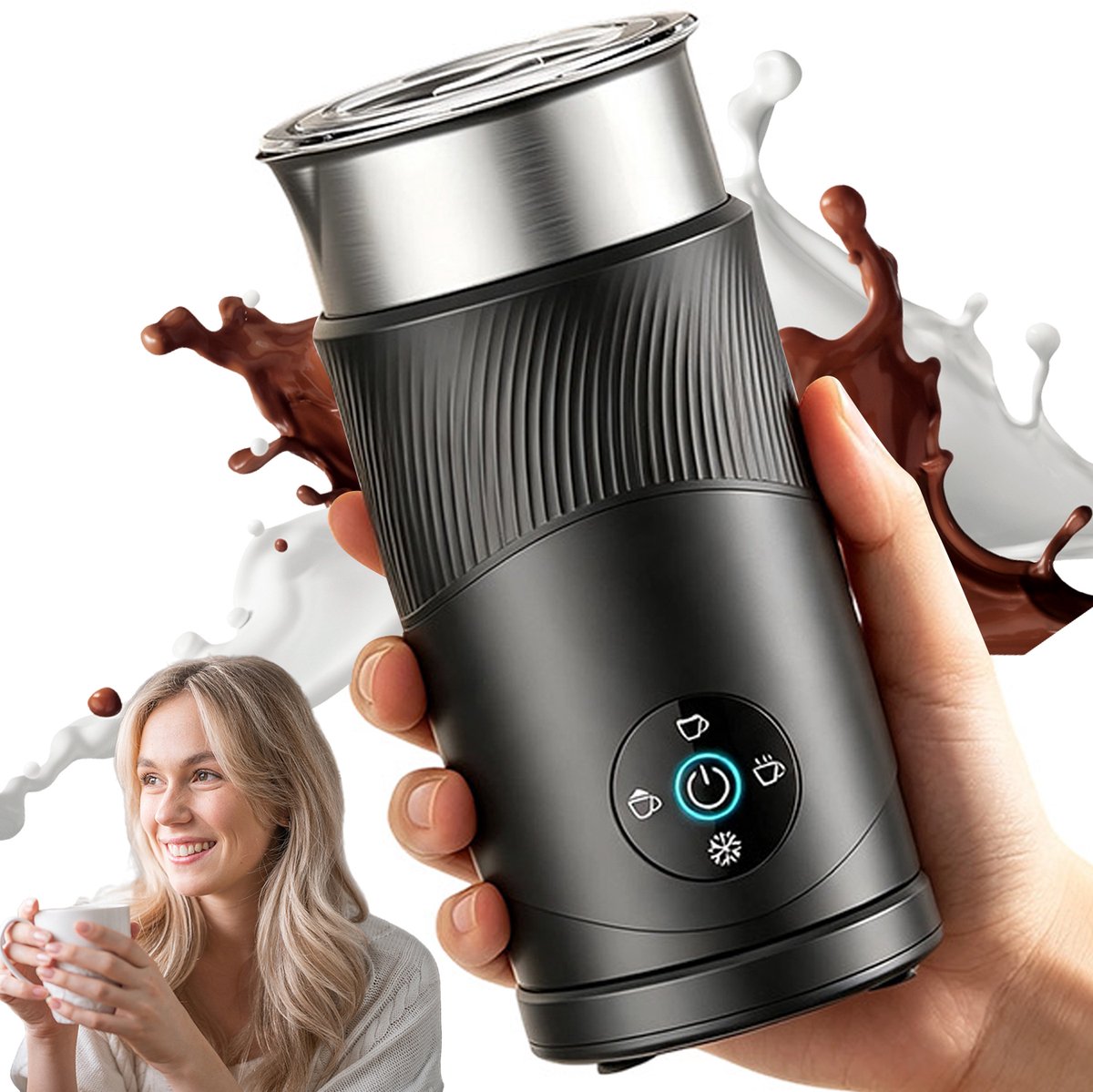 Elektrische Melkopschuimer - 4-in-1 Melkklopper - Koffieschuimer - 350 ml - Warm & Koud Schuim - SUS304 RVS - Antiaanbak - 65-70°C - Automatische Uitschakeling - 4 Standen - Milk Frother - Voor Latte & Cappuccino & Macchiato - Zwart
