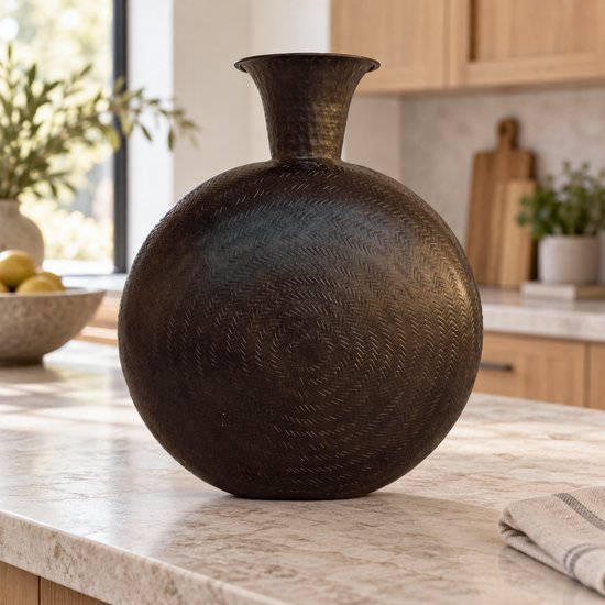 Hoppa! - Vaas - Platte ronde met smalle hals - Zwart - 14 x 39 x 47 cm (B x D x H)