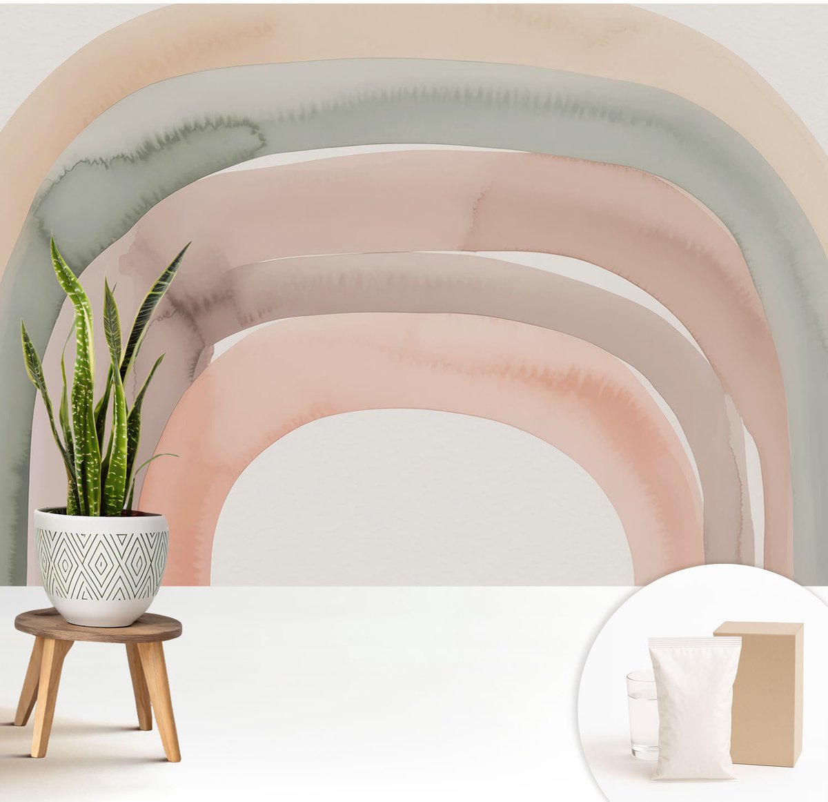 Wallfluent Fotobehang - Beige Vliesbehang - 208x146 cm - Regenboogbogen Muurschildering - Slaapkamer behang Abstractie - Fotobehang Vlies - Slaapkamer behang