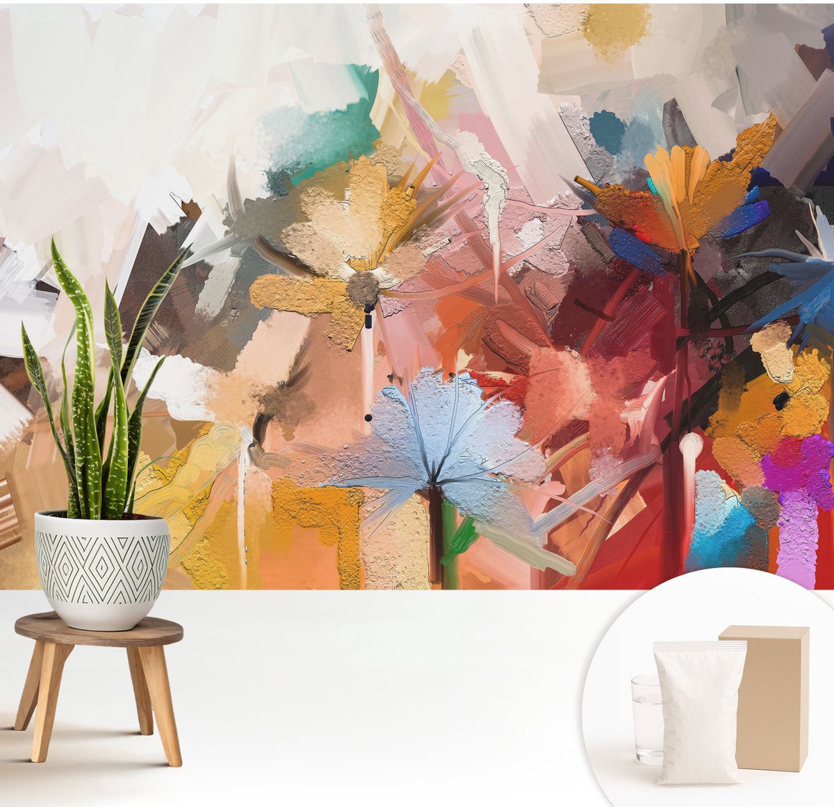 Wallfluent Fotobehang - Beige Vliesbehang - 208x146 cm - Abstracte Bloemen Muurschildering - Gang behang Deel - Fotobehang Vlies - Gang behang
