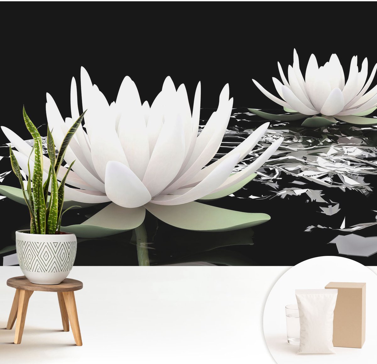 Wallfluent Fotobehang - Wit Vliesbehang - 208x146 cm - Waterbloemen Fotobehang Vlies - Hal behang Bloemen En Planten - Muurschildering - Woonkamer behang